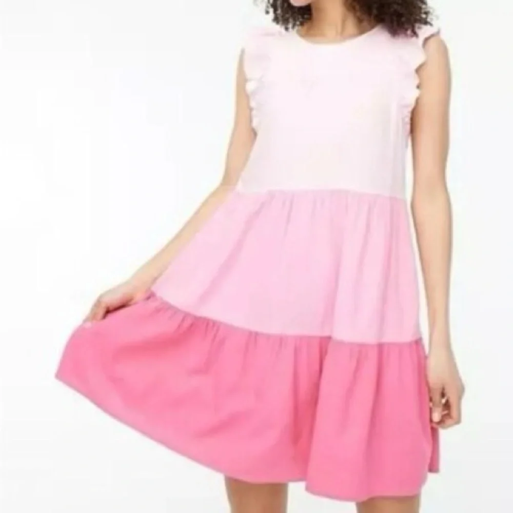 J. Crew Linen Dress Pink Tiered Ruffle Sleeveless Womens 4 Pockets Flowy Cottage